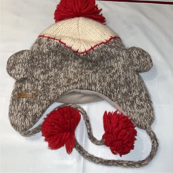 DELUX Gray monkey Face WOOL BLEND Knit Hat RED Pom On Top, Hanging Ties W/ Poms - Picture 5 of 9